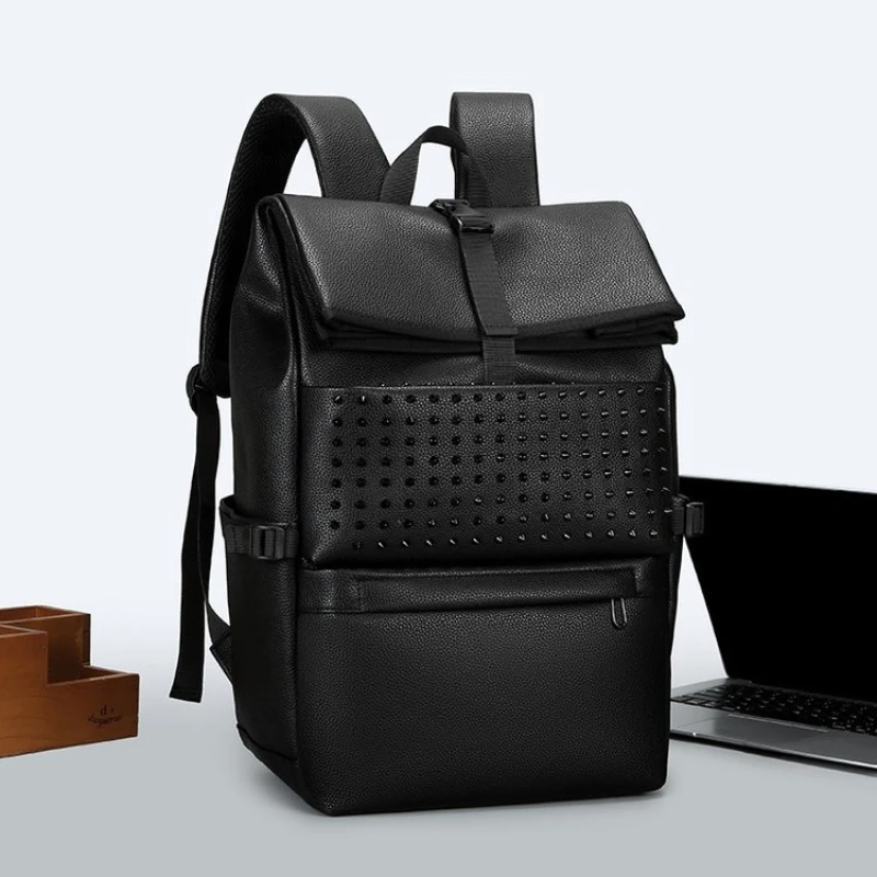 Fashion men Backpacks Rivet Black Soft Washed Leather Bag Schoolbags  Laptop Cabin Backpack Punk Bags Travel Drop Ship