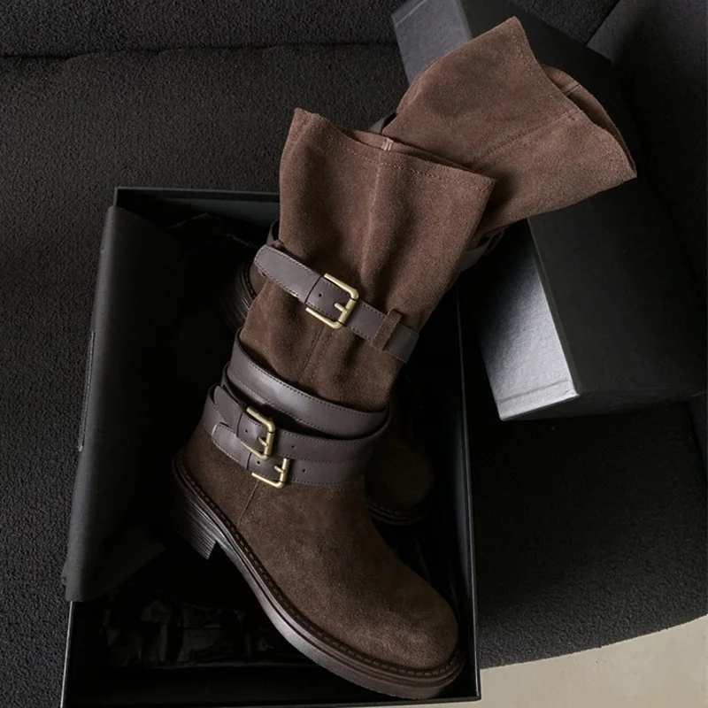Suede Buckle Belt Flat Ankle Boots Sexy Round Toe Sewing New Arrivlas Fashion Women Modern Boots