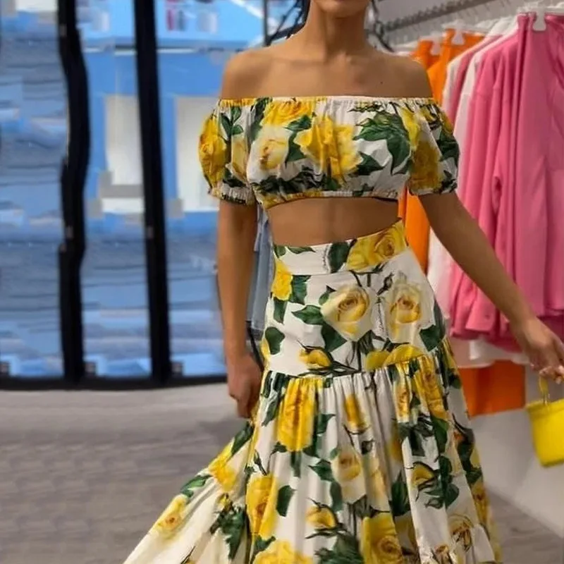 Skirt Set Women Two Piece Sets Print Floral Dress Sets Off Shoulder Short Sleeve Tops A Line Long Maxi Skirts Sexy High Waist