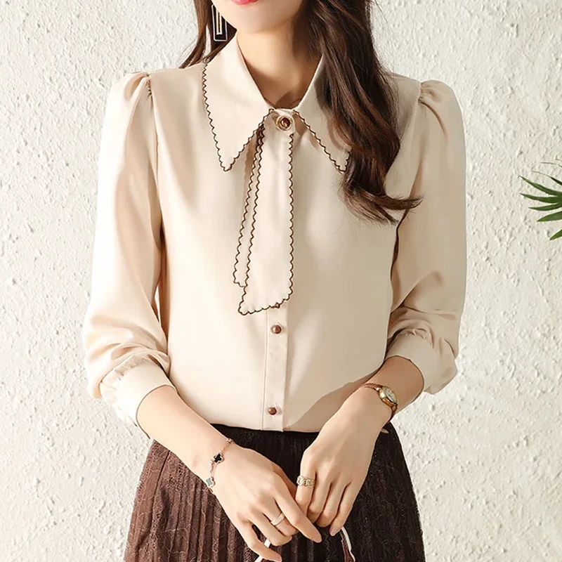 

Spring Women Long Sleeve Polo-Neck Collar Chiffon Blouse Women Tops Women Blusas Mujer De Moda 2022 Blouses Femme Shirts B048