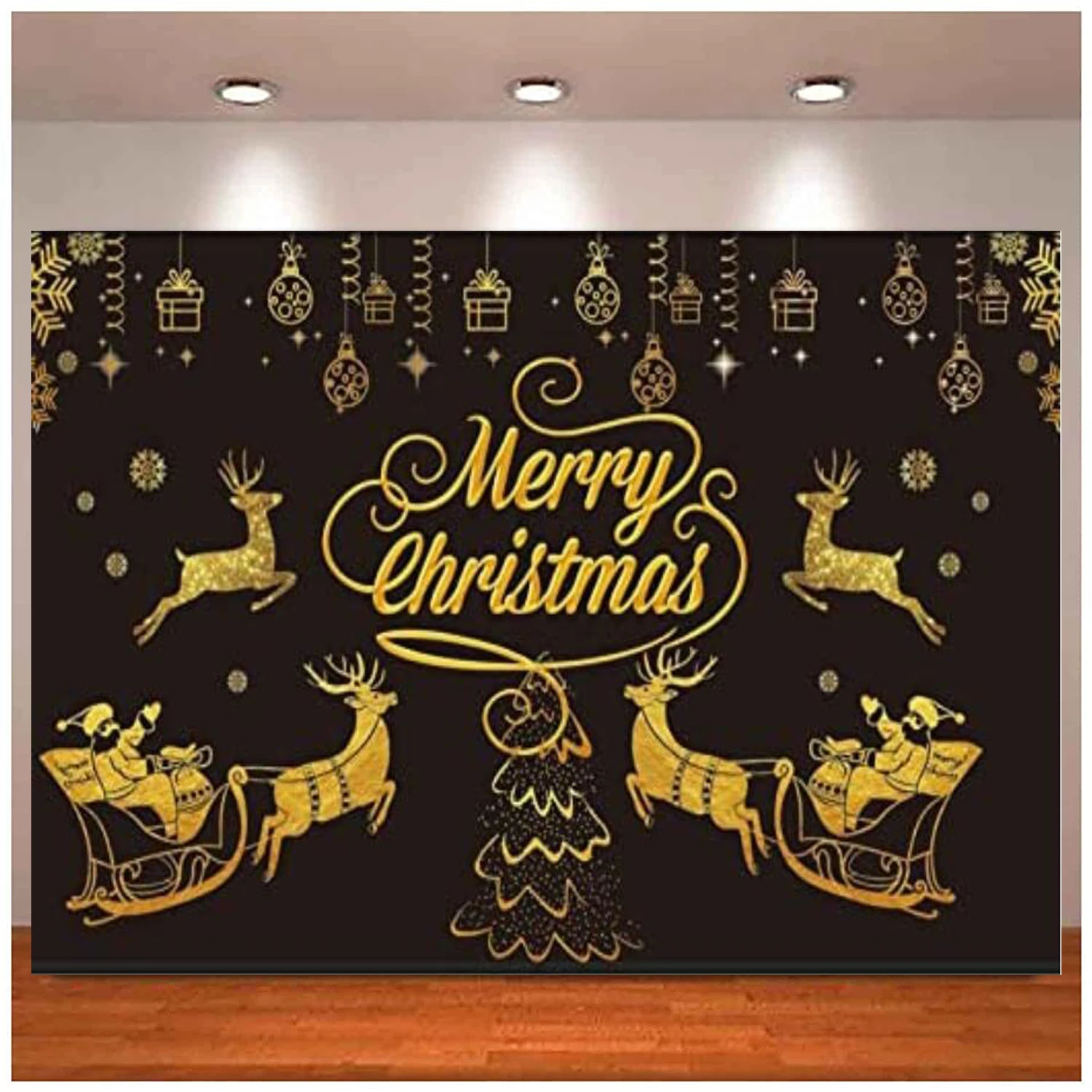 

Photography Backdrop Party Gold Christmas Tree Elk Snowflake Banner Party Poster For Men Women Decorations Supplies Background