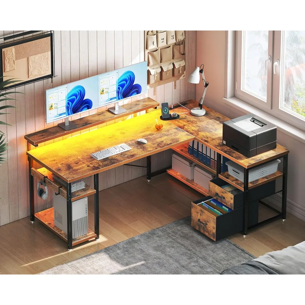 L Shaped Gaming Desk with File Drawers, Reversible Computer Desk with Power Outlets & LED Lights