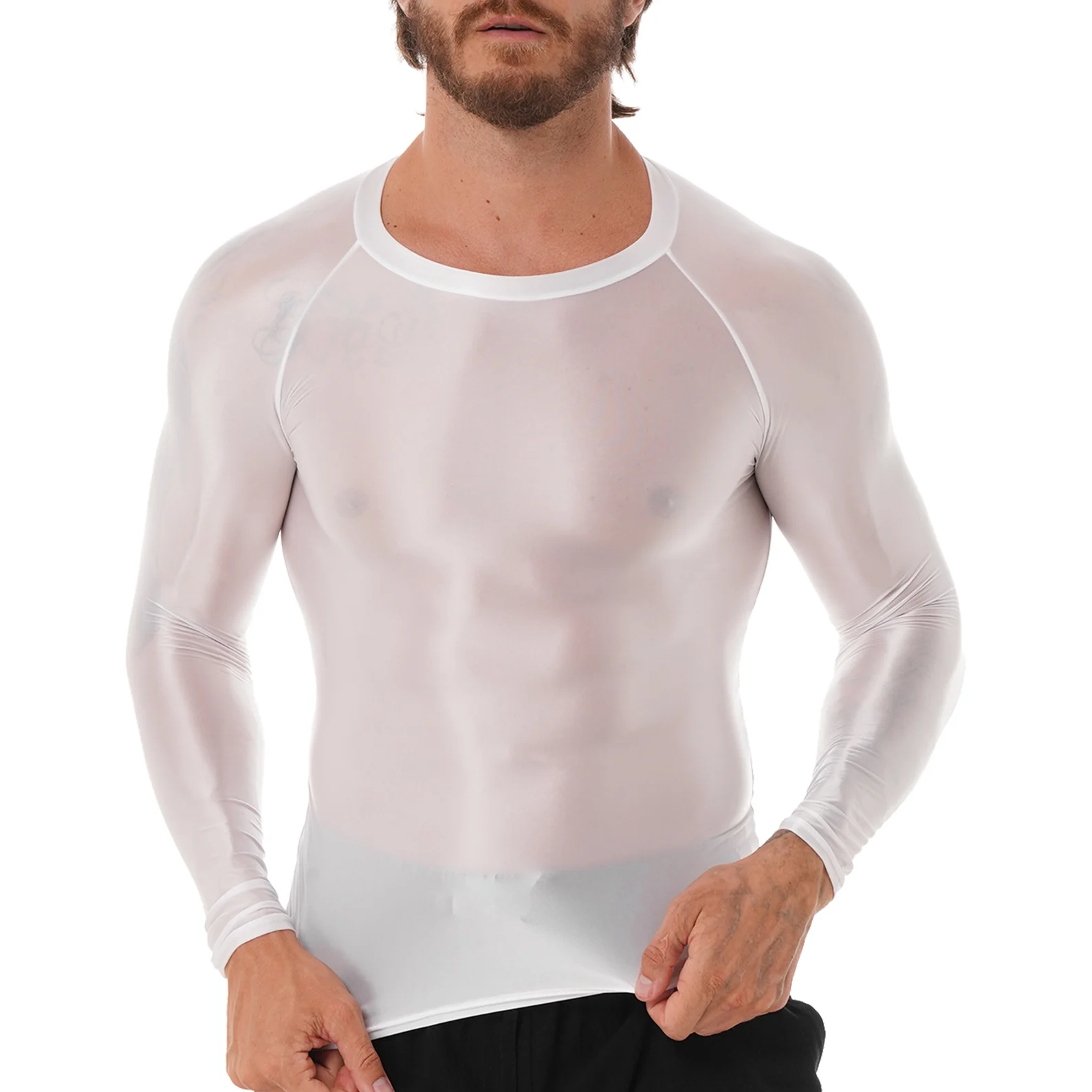 Men\'s Clothing Glossy O Neck Long Sleeve T-shirt Solid Color Slim Fit Breathable Shirt Tops Gym Jogging Yoga Sportwear