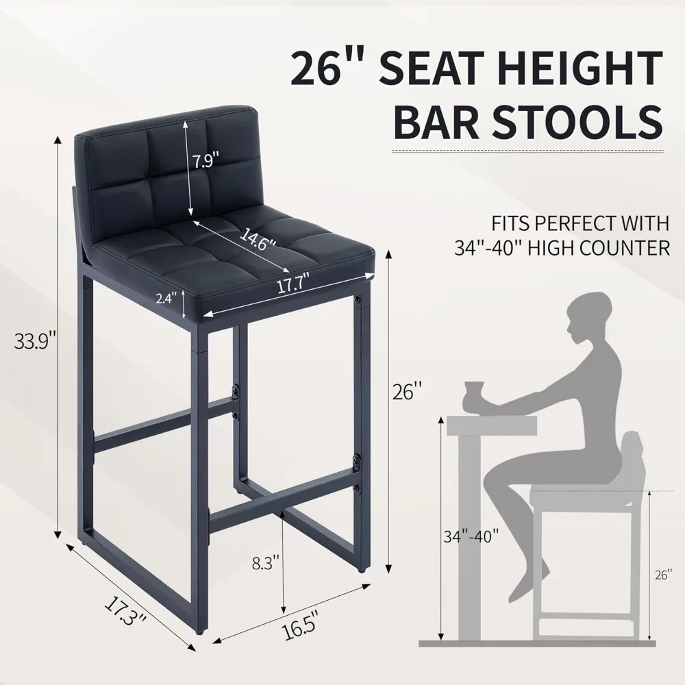 Set of 3 Counter Height Bar Stools, Upholstered Faux Leather with Low Back, Thickened Metal Legs, Modern Design