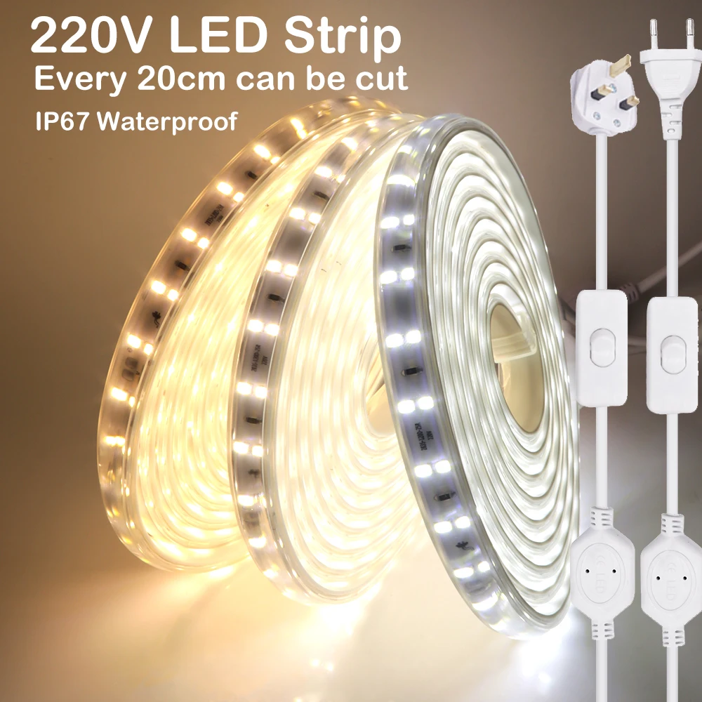 

220V LED Strip Outdoor Waterproof 20cm Cuttable 120Leds/m 3000K 4000K 6000K Flexible LED Tape Rope with EU/UK Switch Plug