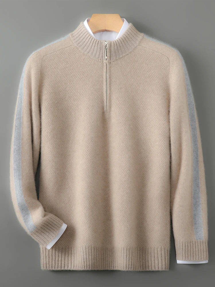 

100% Merino Wool Sweater Men's Half High Collar Knitted Pullover Autumn Winter Thickened Warm Men's Wear Casual Color Contrast