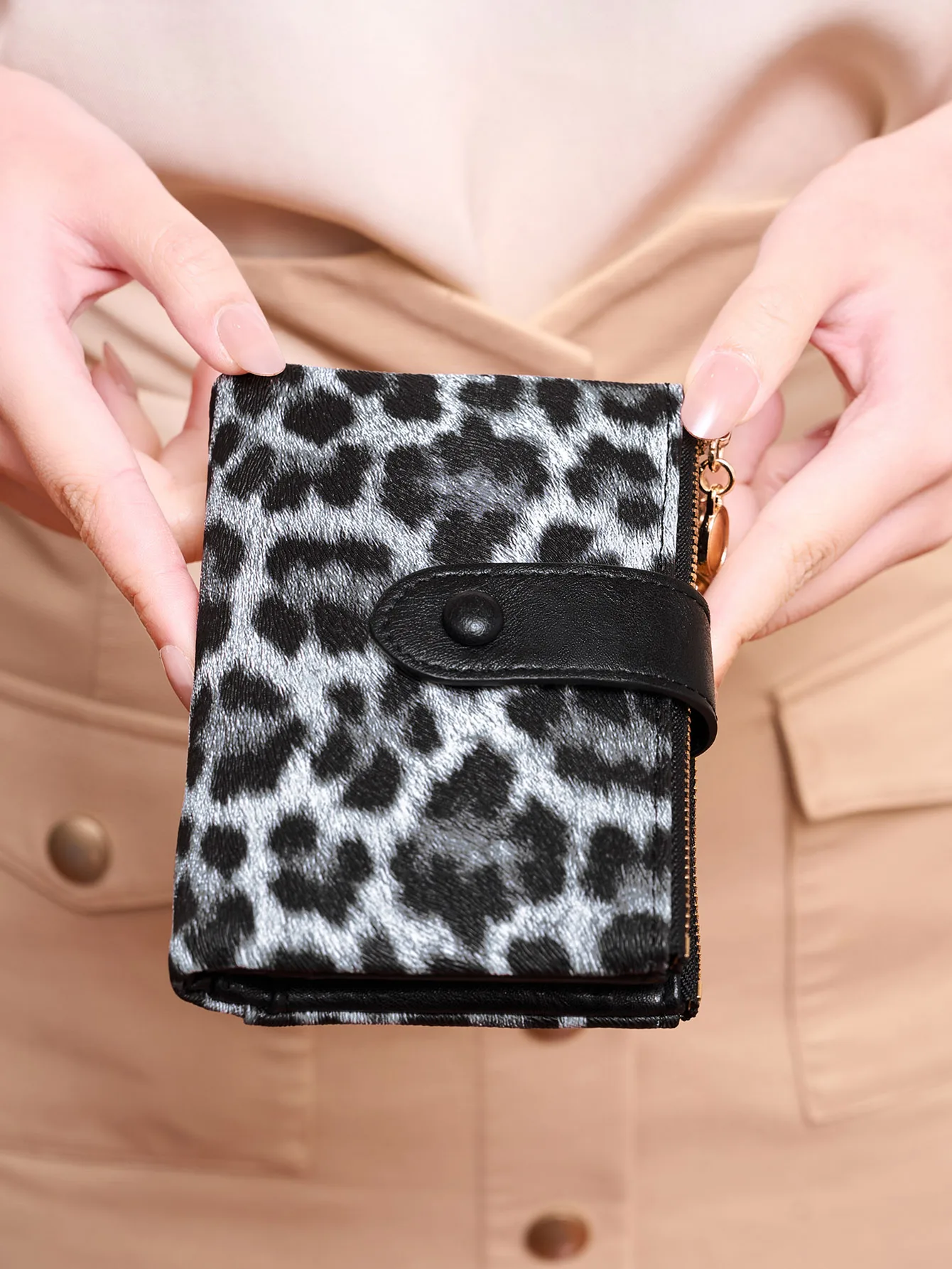 Minimalistische Damen-Geldbörse, kurz, dreilagig, großes Fassungsvermögen, Doppelreißverschluss, Kartenhalter, Ausweis, Kreditkartenetui, Geldbeutel – Detail 11
