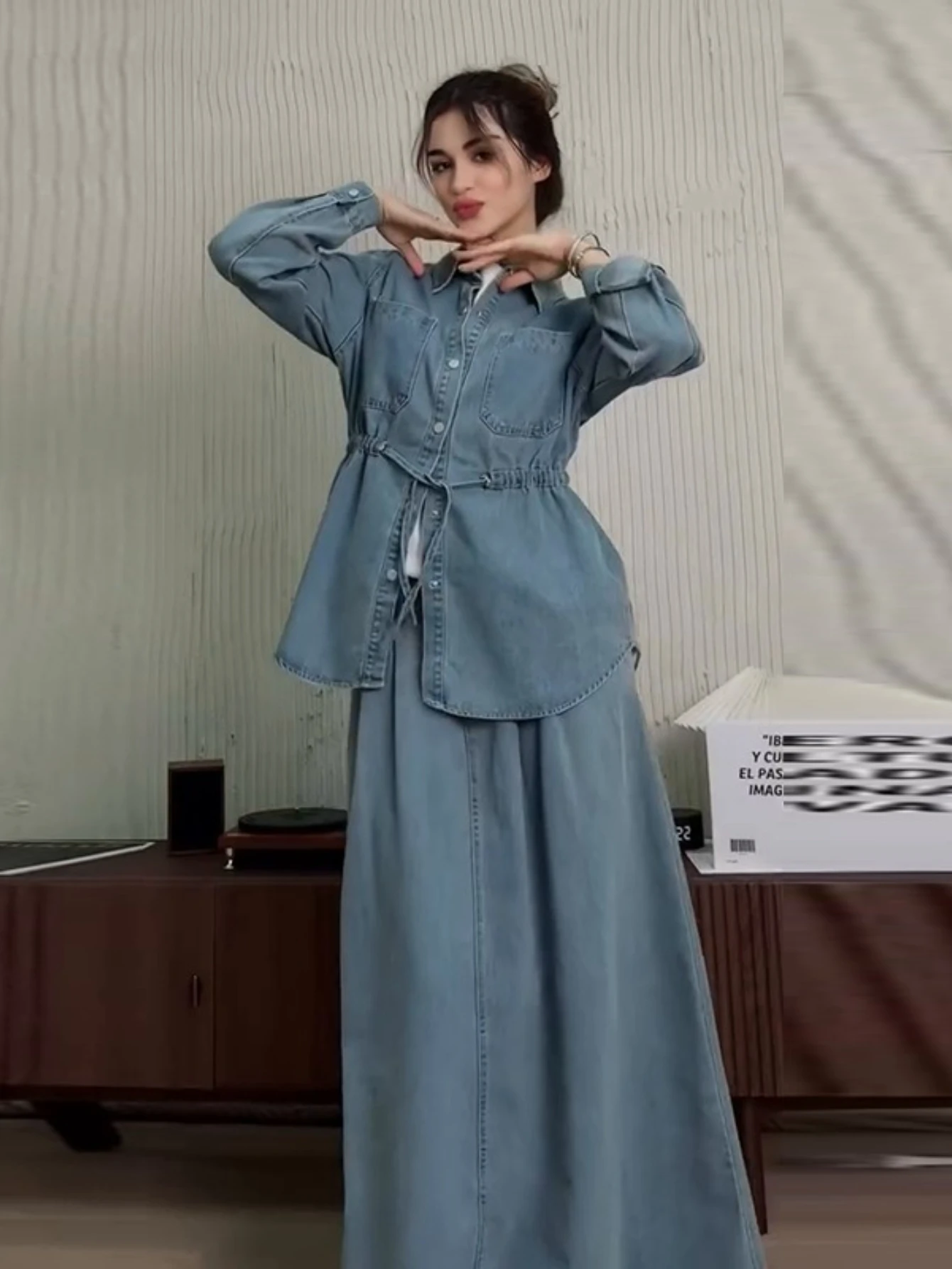 Denim Set da 2 pezzi Camicia musulmana da donna Cappotto Gonne Abiti monopetto Tasche con colletto rovesciato Gonne lunghe Abito overshirt