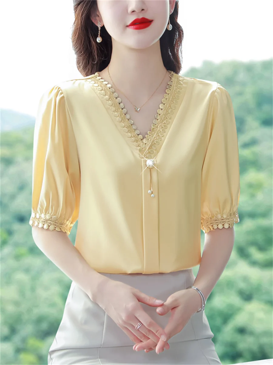 Women Spring Summer Blouses Shirts Lady Fashion Casual Half Sleeve V-Neck Collar Solid Color Blusas Tops CT0206