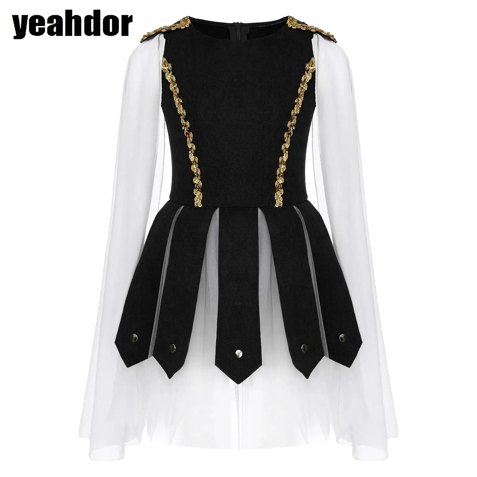 

Girls Roman Soldier Gladiator Costume Shiny Sequin Flying Sleeve Leotard Puffy Dress Halloween Medieval Soldier Gladiator Dress