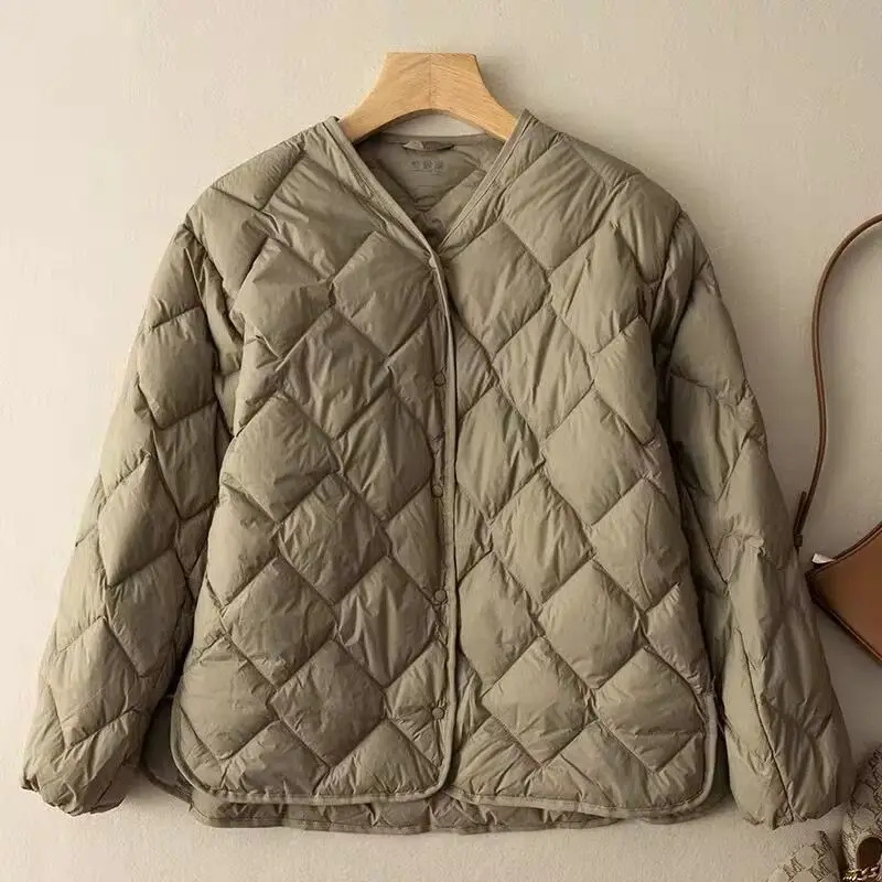 New Autumn Winter Ultra Light Collarless Soft Puffer Jacket Women Casual Loose Single Breasted 90% Duck Down Coat