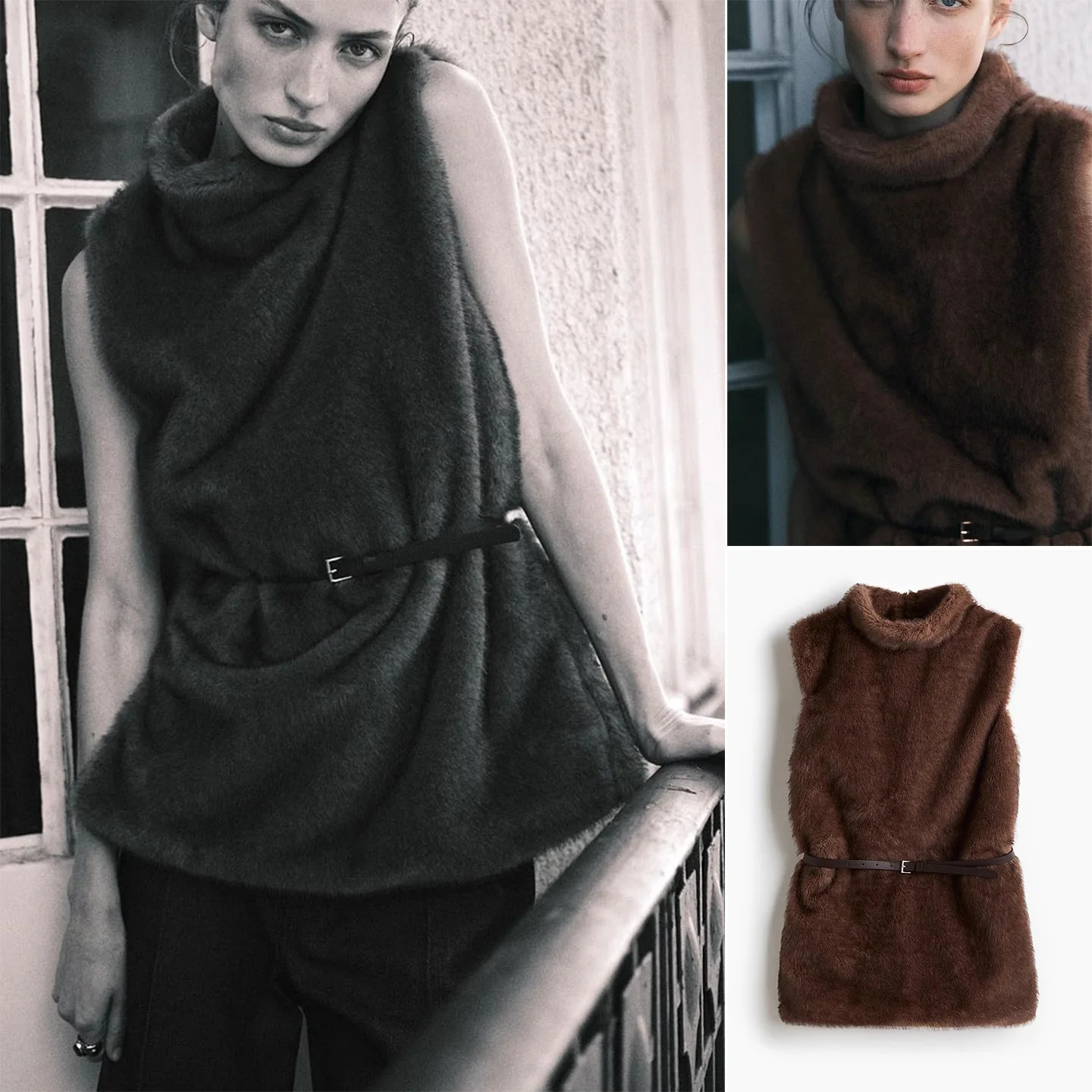 

Осенний новый женский жилет с эффектом искусственного меха с высоким воротником и поясом Old Money Sle Top Youth Faion Имитация меха Buxom Талия pe