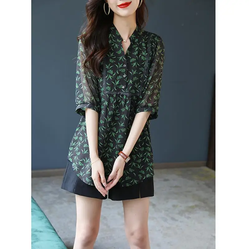 Women Lace Patchwork Elegant Middle Length Blouse Summer Trendy Print V Neck Half Sleeve Loose Shirts Irregular Tunic Tops Blusa