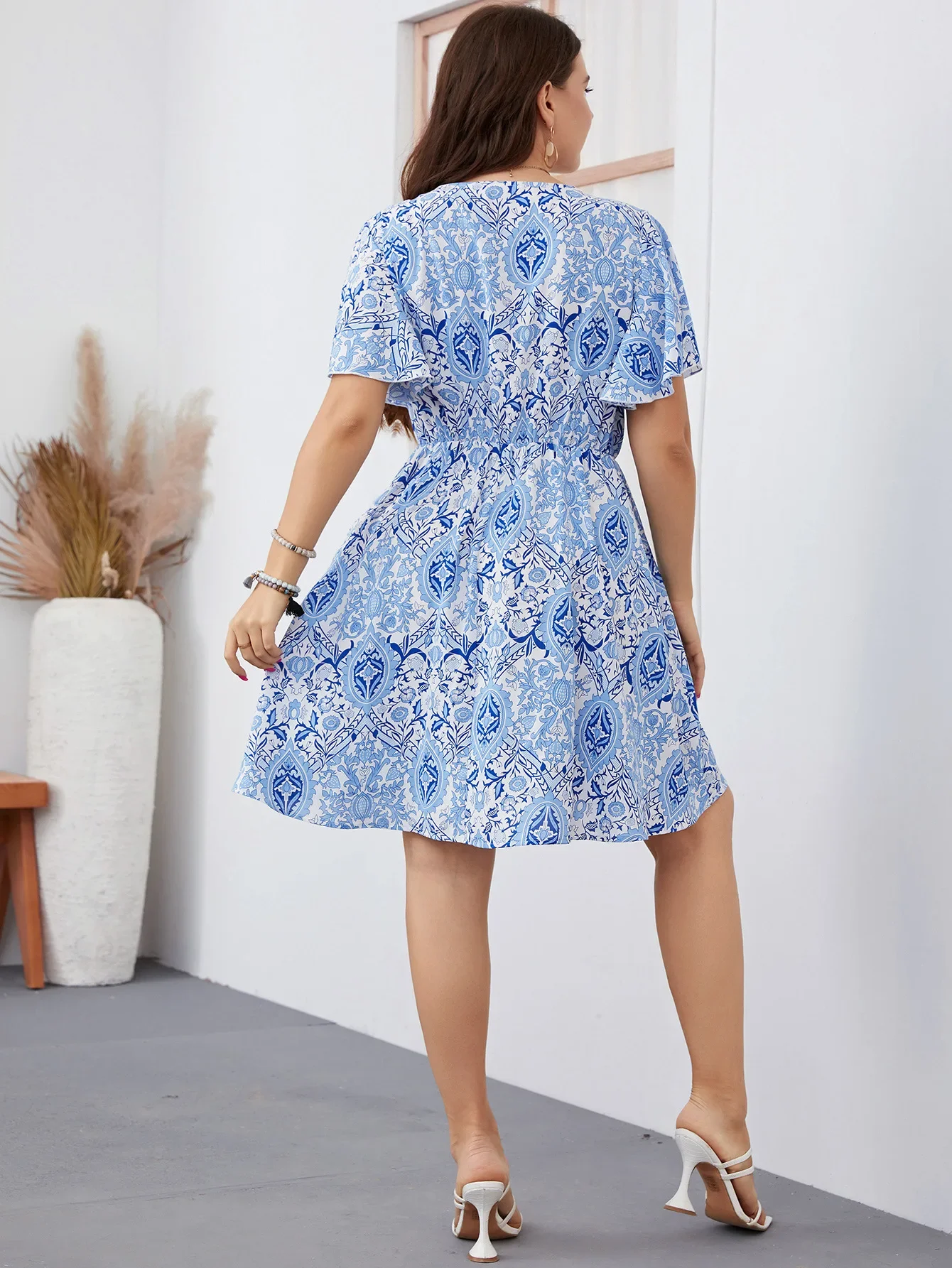 Plus Size V Neck Women Dress Short Ruffle Sleeves Print Robe A-line Swing Dress Summer Female Office-Lady Elegant Party Clothing