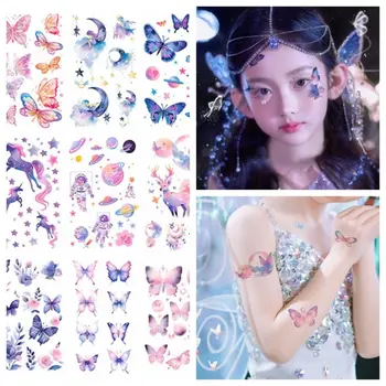 여성용 일회용 반짝이 나비 문신 스티커, 방수, 오래 지속되는 어린이 팔 스티커, 반짝이는 만화 가짜 문신