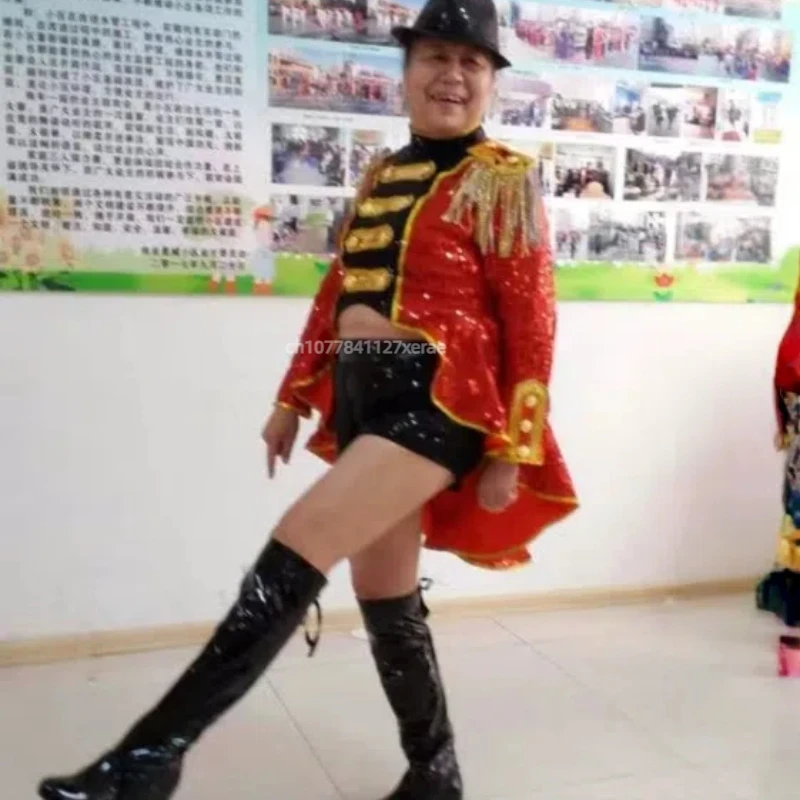 스팽글이있는 새로운 여성 재즈 댄스 의상, 테일 코트 술, 여성 성인 노출 배꼽 댄스 공연 의상 세트