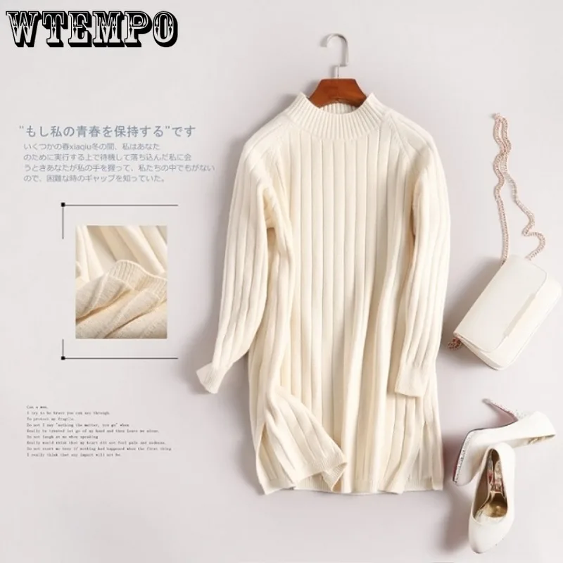 WTEMPO Turtleneck Sweater Women\'s Mid Long Knitted Bottoming Shirt Loose Pullover Knitted Tops Long Sleeve Casual Sweater