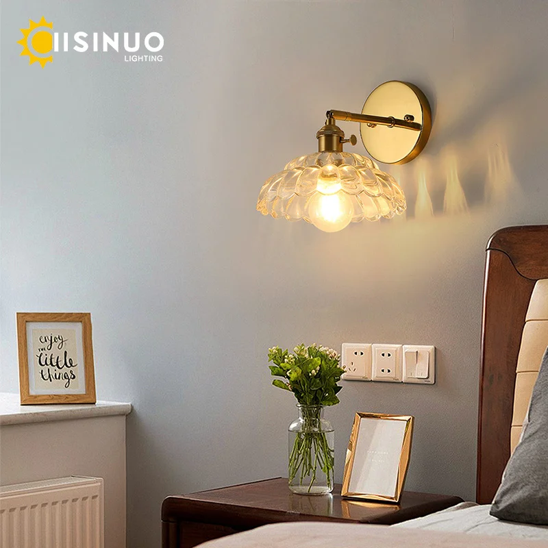 Up Down Rotate Wall Light Fixture Flower Clear Glass Bedside Night Light E27 Bulb Base for Home Kitchen Dining Room Study Decora