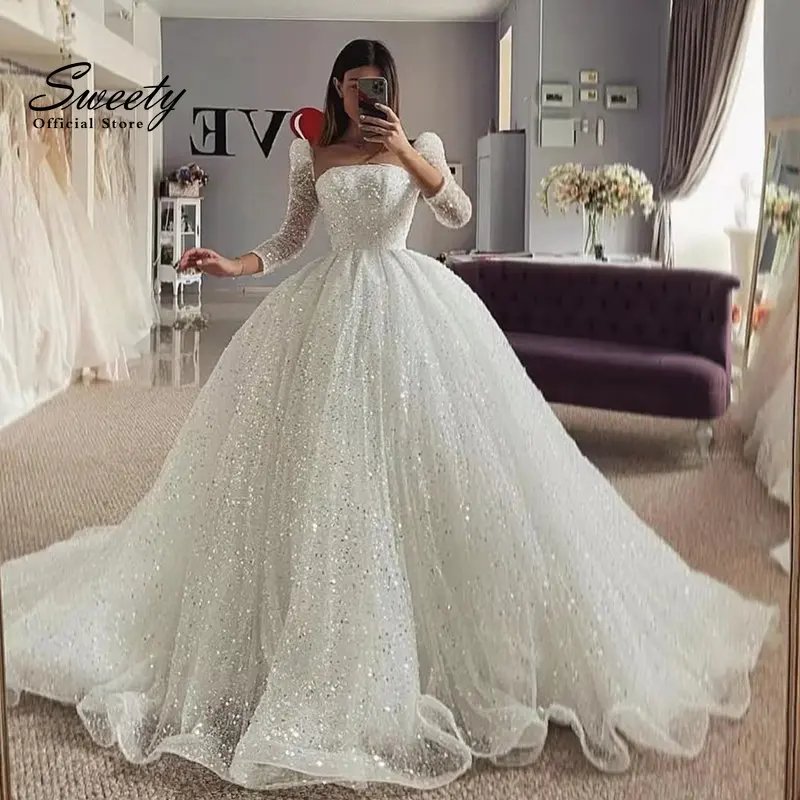 

Glitter Wedding Dress Organza With Embroidery Bead Princess Ballgown Square Collar Fullsleeve Bride Customized Vestido De Novia