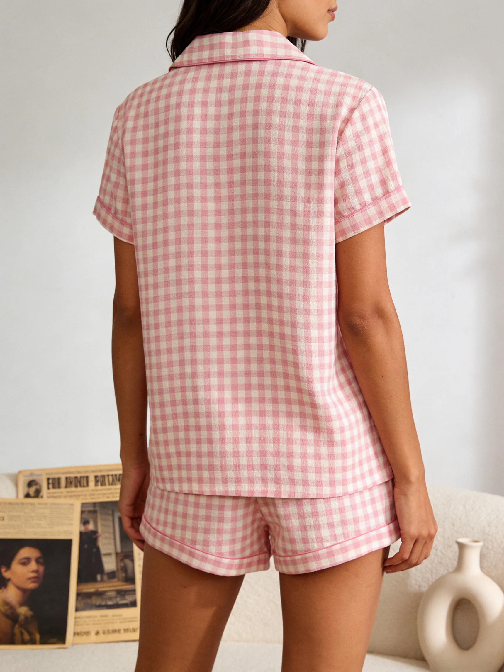 Women Pajamas Cardigan Lapel Short Sleeve Shorts 2 Piece Set Spring Summer Cute Pink Gingham Print Homewear Loungewear