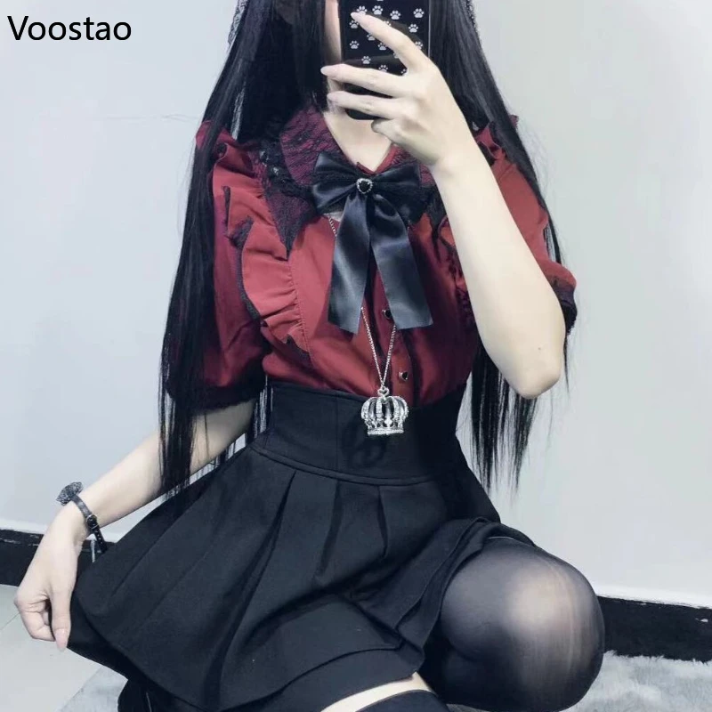 Japanese Gothic Lolita Shirts Y2k Aesthetic Women Harajuku Lace Bow Short Sleeve Blouses Clothes Girls Kawaii Punk Blusas Tops