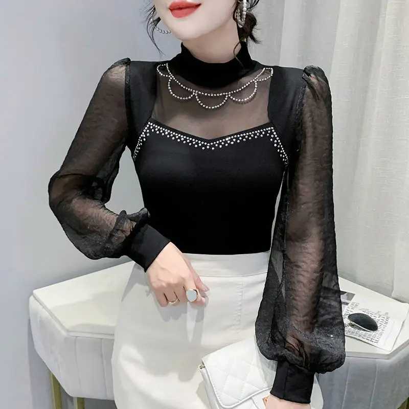 Autumn New Half Height Collar Bottoming Shirt Ladies Net Yarn Diamonds Interior Lapping T-Shirts Elegant Elegant Pullover Tops