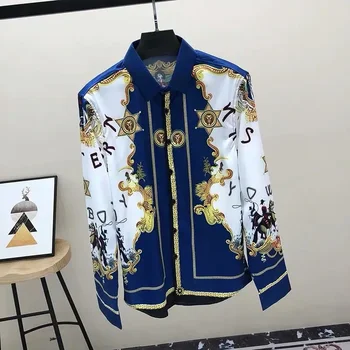 Herenkleding 2025, Lente Herfst Vintage Mode Print High Street Button Down Shirt Casual Lange Mouw Losse Harajuku Y2K Tops