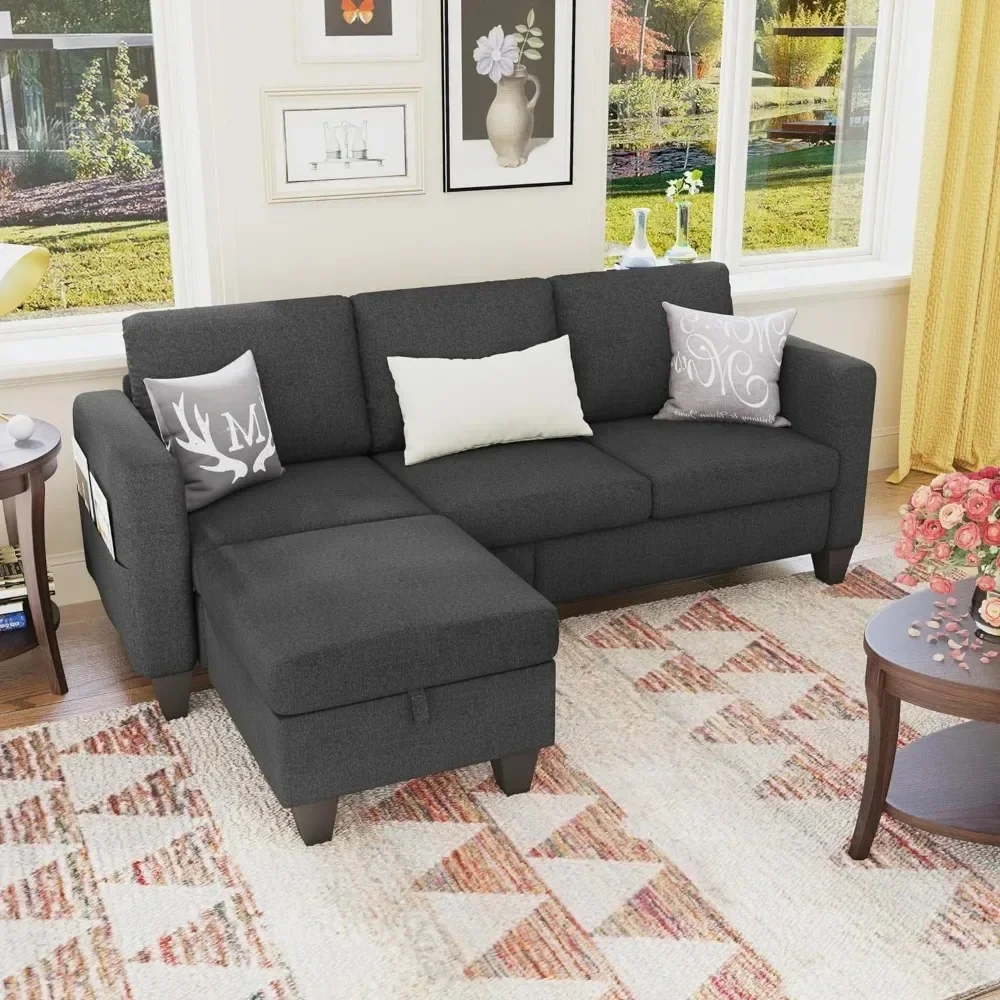 

Modern linen sofa, Assemble sofa, Footstool with storage, Dark Gray 3 Seater L Shape Sofa, Suitable for living room, apartment