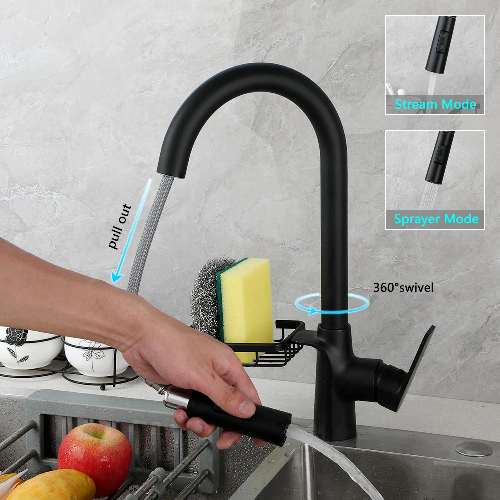 YANKSMART Pull Out Kitchen Faucet Basin Sink Deck Mount 360 Rotating Faucets W/ Shelf Rotatable Mixer Water Taps 2 Outlet Modes