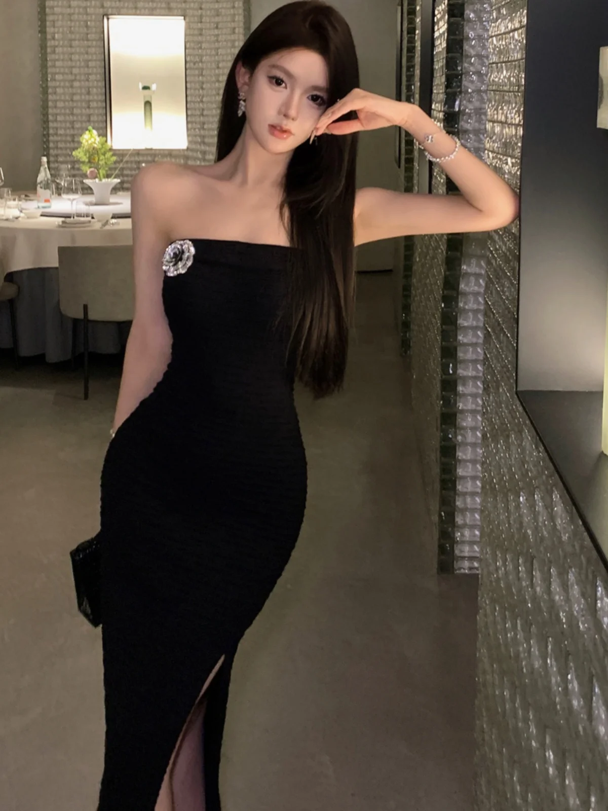 Letnia Nowa Mała Francuska Sukienka z Kwiatami 3D z Cyrkoniami, Top typu Tube, Damska Sukienka Dopasowana do Ciała, Długa Sukienka Bazowa