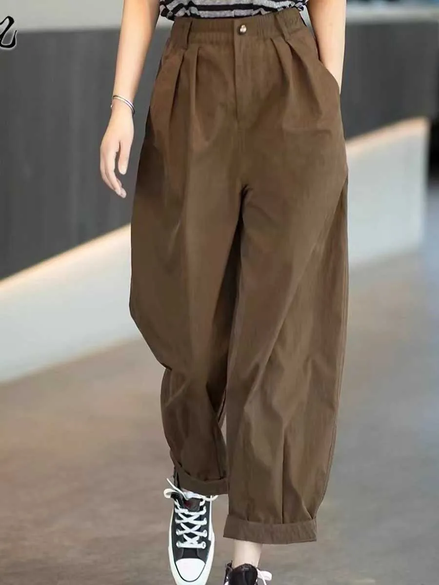 Retro Artistic Women's Casual Pants High Waist Loose  Shape Slimming Harlan Workwear Carrot Pants Cotton Linen Material