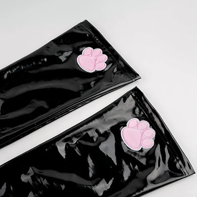 Chaussettes longues brillantes en latex pour femmes, cuir patte de chat mignon, cuisse haute, club de fête, cosplay, lingerie sexy, bas de combinaison maigre