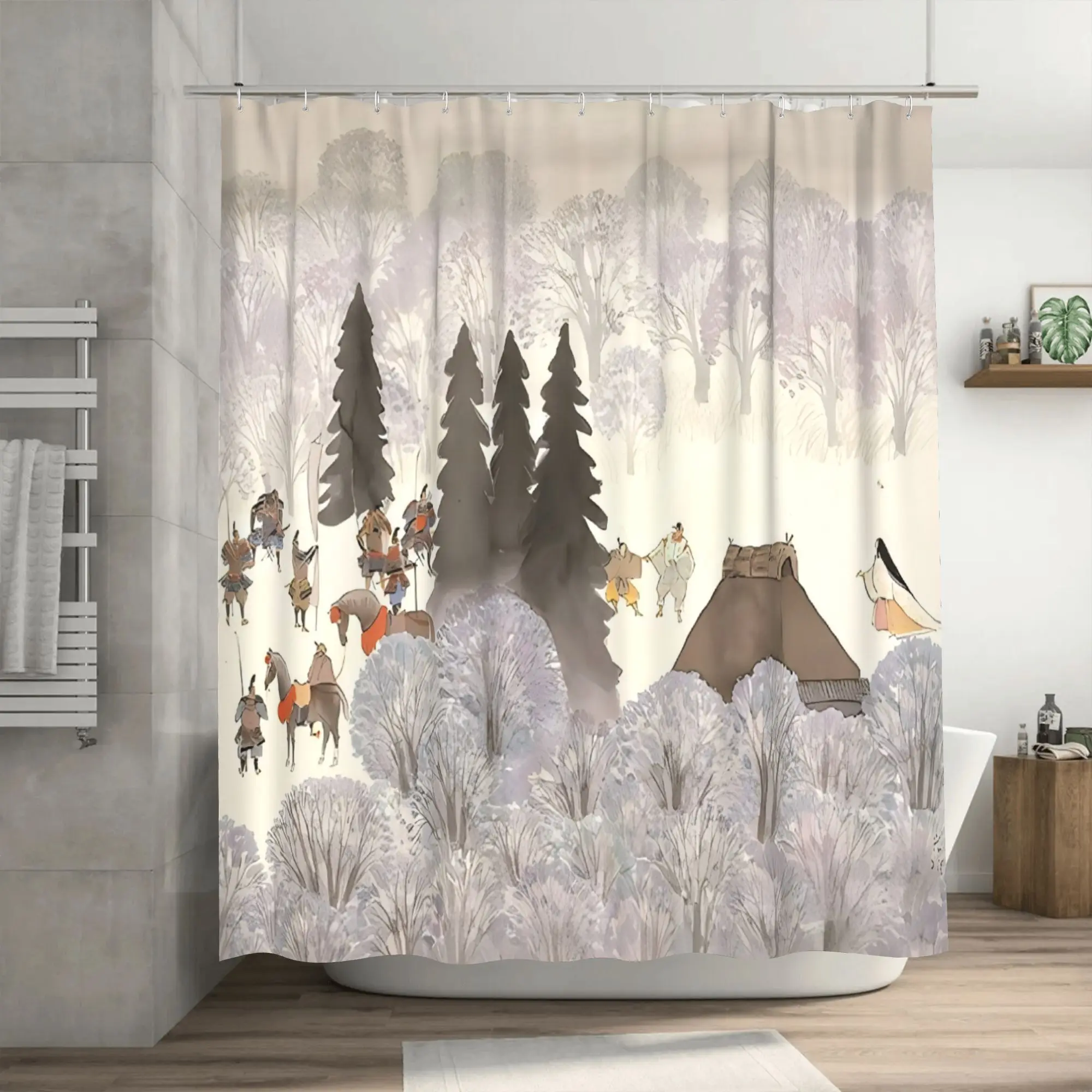 

Winter Landscape Shower Curtain, Snowy Trees & Travelers Design, Machine Washable Durable Bathroom Decor