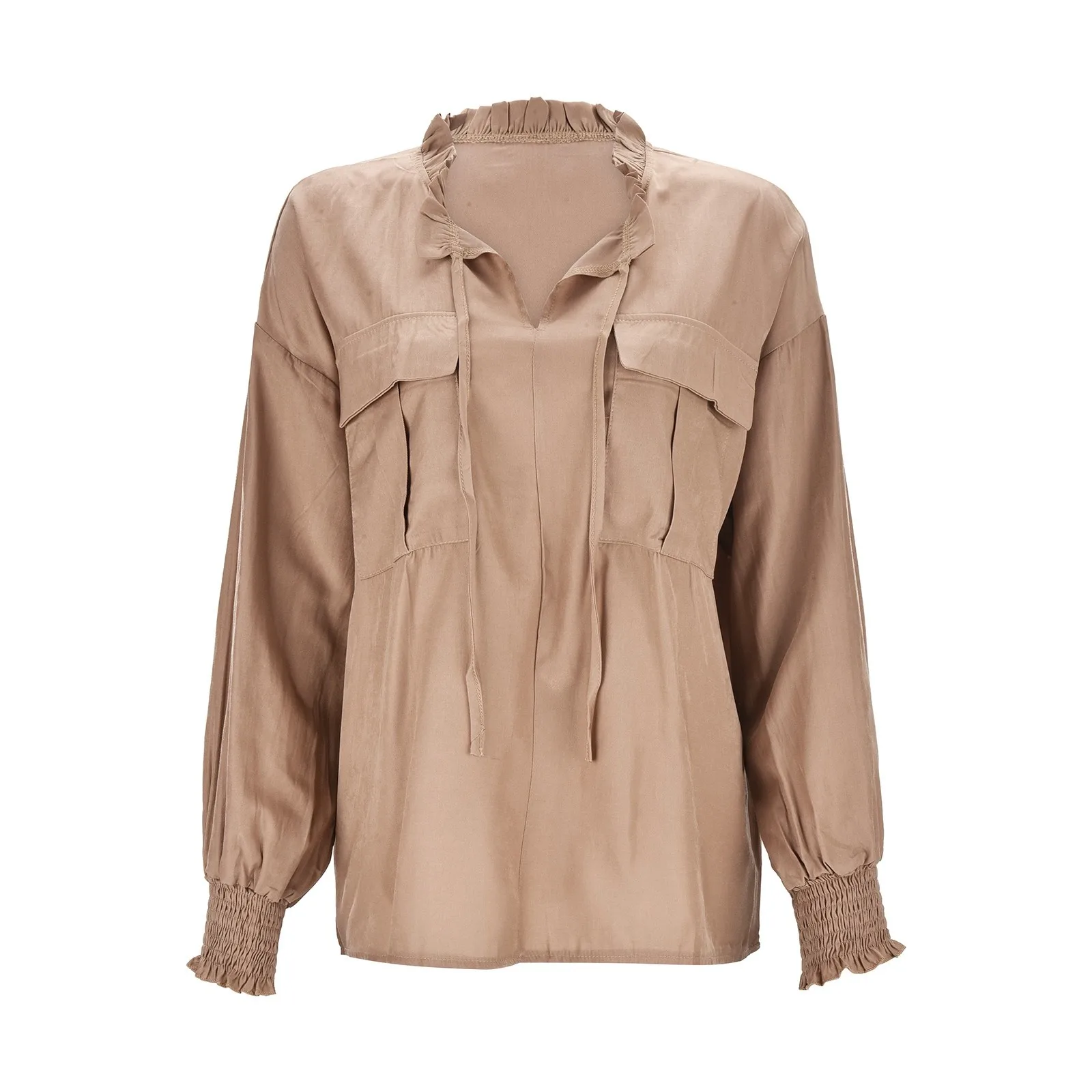 Chemise à manches longues en bois pour femmes, poche à lacets, bord d'oreille, chemises décontractées, simple, à la mode, document solide