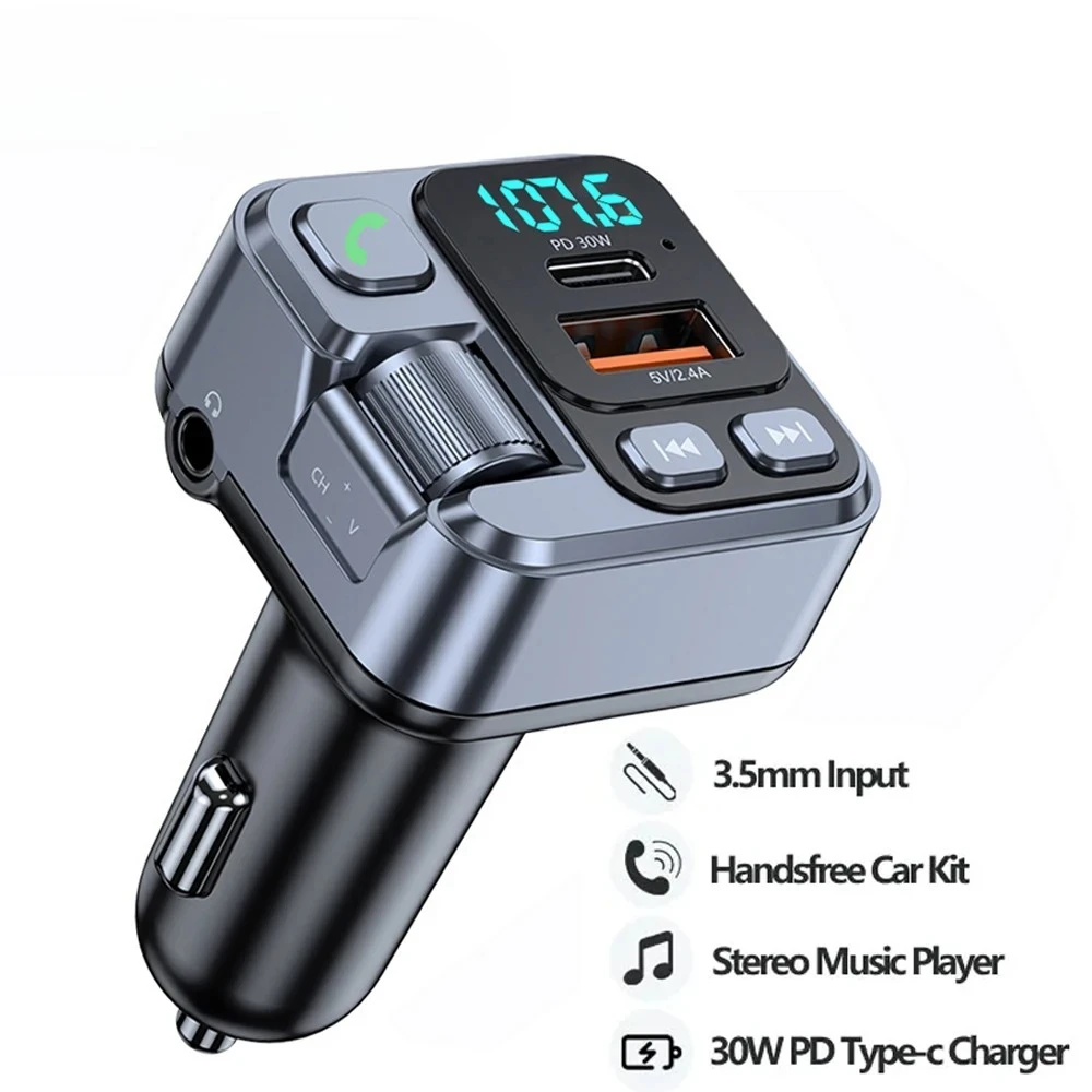

Bluetooth 5.1 Car FM Transmitter Car MP3 Stereo Music Player Handsfree 3.5mm Aux Wireless Car Kit 30W PD USB-C Fast Charger