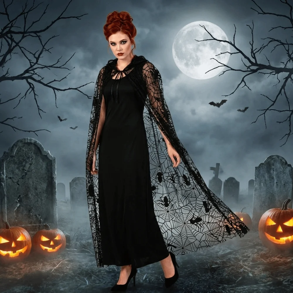 Lightweight Halloween Hooded Cape Semi-transparent Black Spider Web Mesh Cardigan Bat Creative Long Cloak Masquerade Party