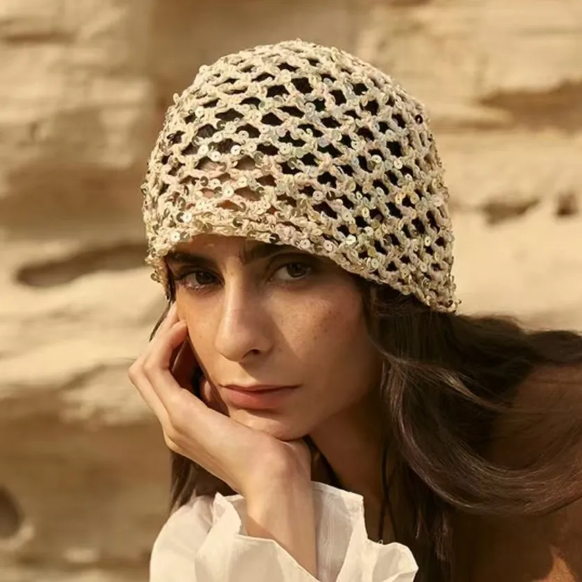Y2K Korean Version Sequined Hollow Pullover Hat Mesh Knitted Cap Fashion Breathable Shiny Beanie Seaside Crochet Hat