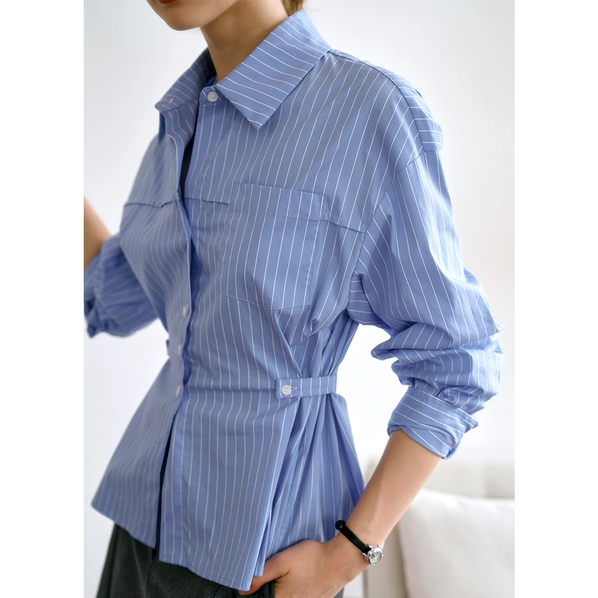 OLrain Woman's Shirts  Spring French Striped Button-up Long Sleeves Notch Collar Blouses Commute Women's Clothing O24QC82815