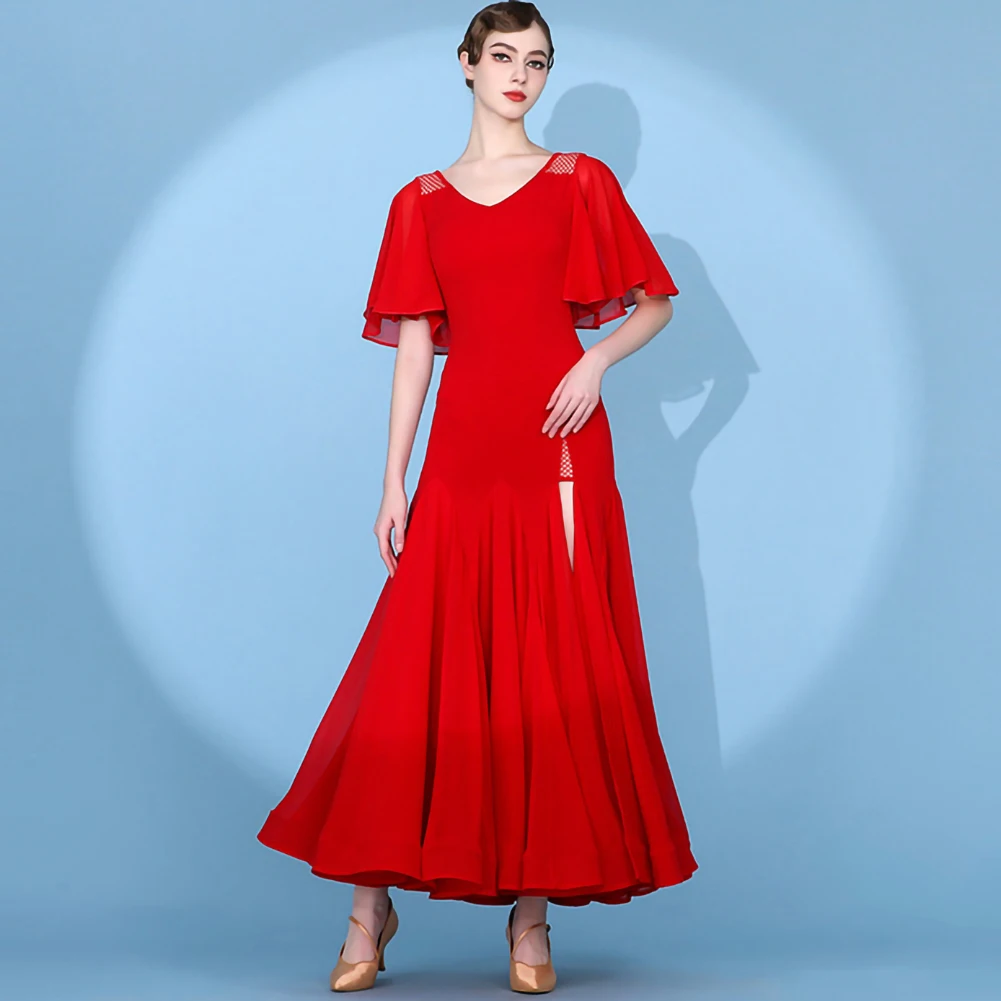 Vestido largo negro con cuello en V, vestido de competición estándar, vestido de Flamenco de gasa sin espalda, vestido de práctica de baile de salón