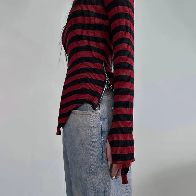 Karrcat Grunge Aesthetics Knitted Tops Vintage Irregular Ribbed T-shirt Gothic Red Stripes Long Sleeve Tshirt Punk Alt Knitwear