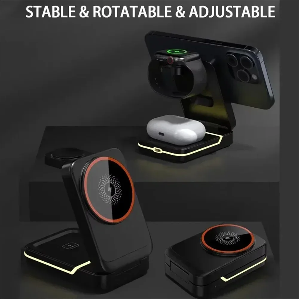 3 in 1 Travel Magnetic Foldable Travel Fast Wireless Charger Stand For iPhone 16 15 14 13 12 Pro Max/Mini/Plus/ iWatch/Airpods