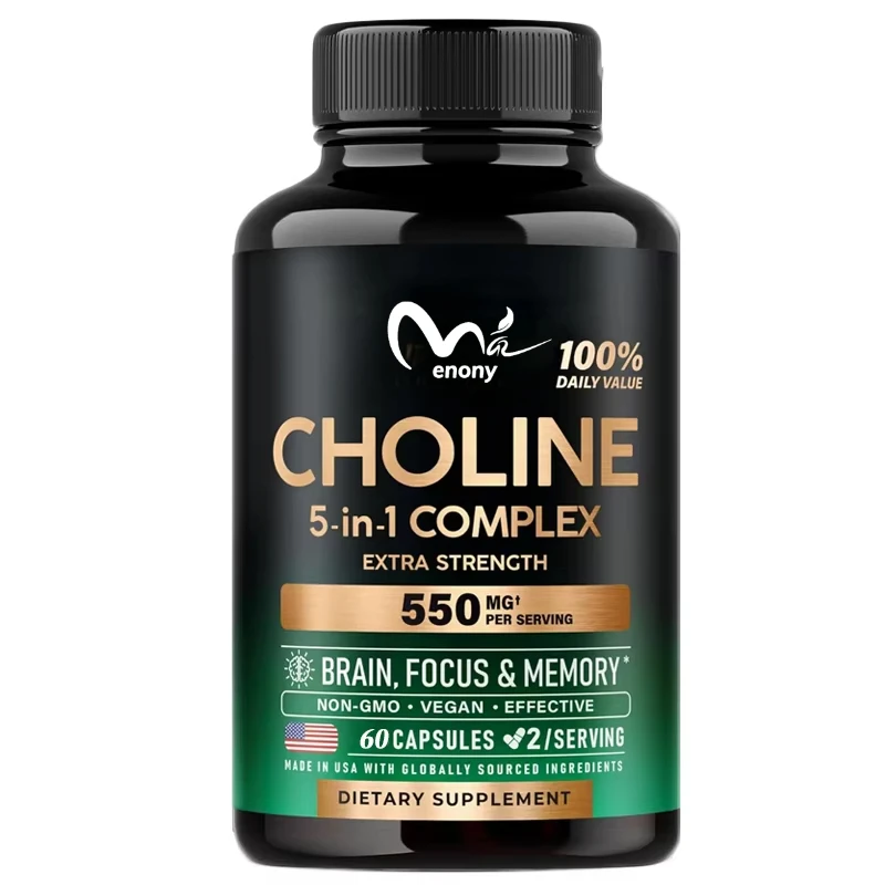 Choline supplement 550mg -5-in-1 complex containing folic acid, vitamins D3, B6, and B12- vegetarian, non GMO -60 capsules.