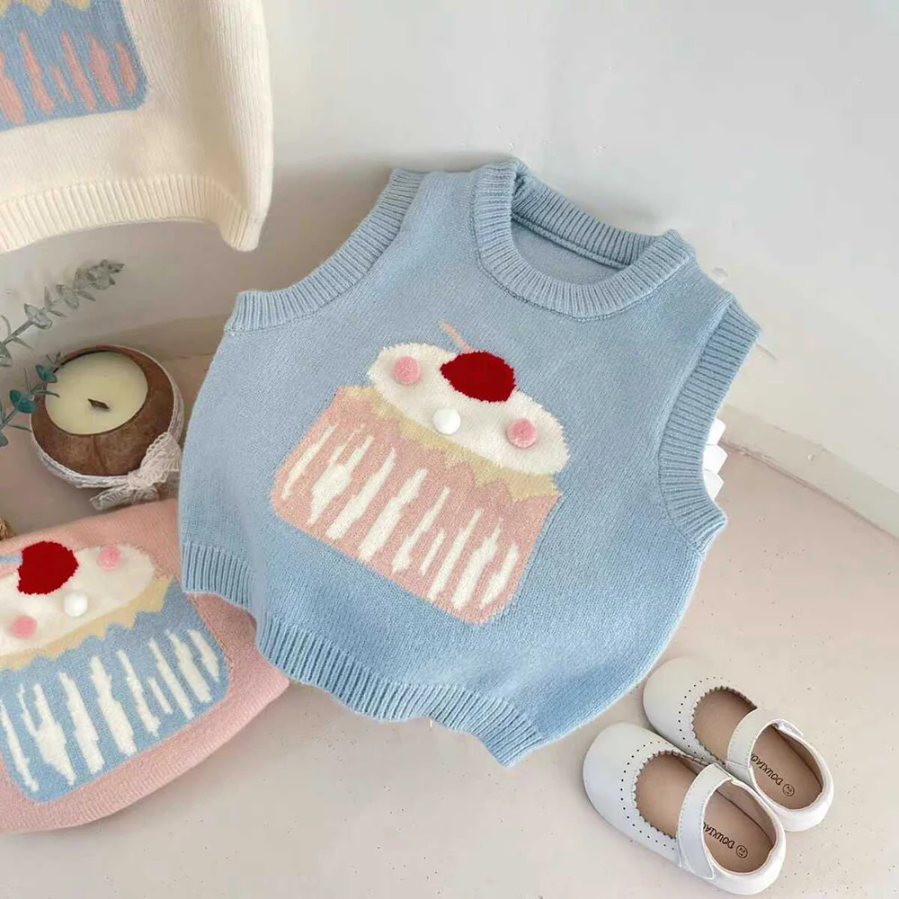 Cute Baby Girls Knitted Vest Spring Autumn Cartoon Cake Sleeveless Pullover Sweaters Tops Kids Girl Waistcoat Children Clothes