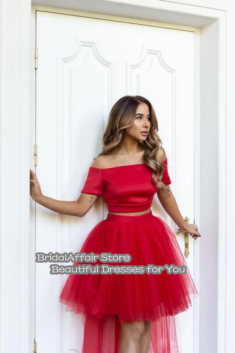 Two Piece Prom Dresses Strapless Short Sleeve High Low Evening Dresses Red Satin Tulle A-Line Celebrity Party Dress 2022