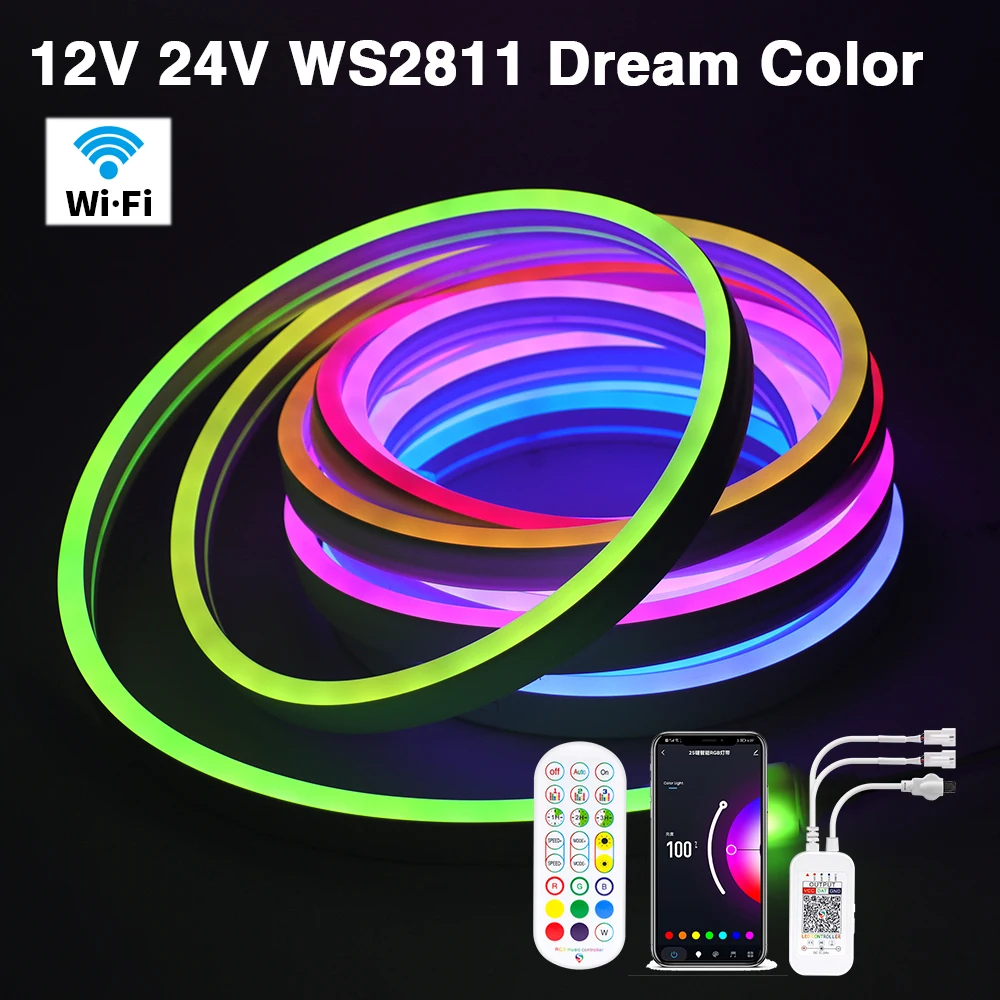 wifi bluetooth app controle 12v 24v sonho cor neon luz impermeavel ws2811 rgb fita flexivel corda led strip eu us uk au set 01