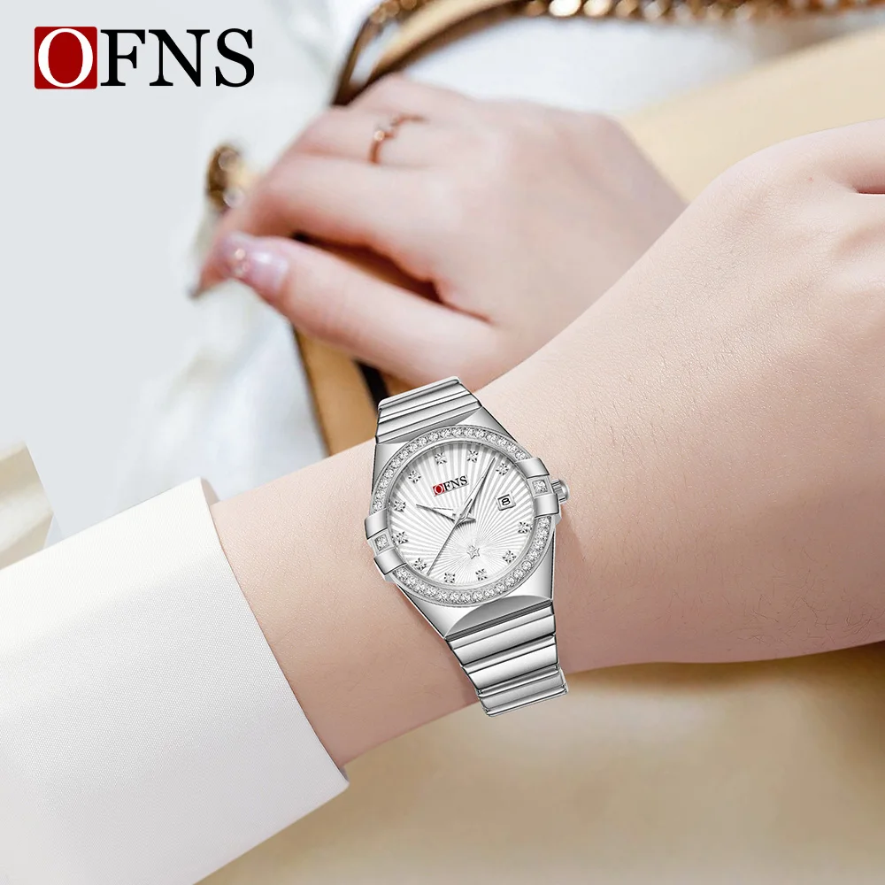 OFNS 1569 الموضة النسخة الكورية الماس مرصع المرأة كوارتز ساعة مقاوم للماء التقويم ليلة ضوء ساعة كوارتز نسائية