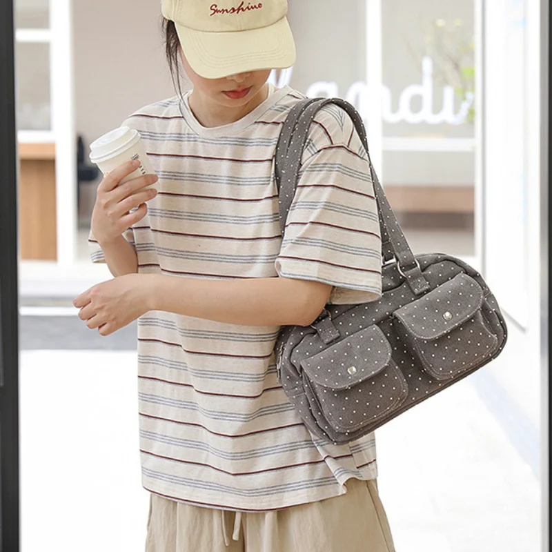 Mehrfach-Taschen-Schultertasche mit Polka Dots, Damen-Canvas-Tragetasche, Koreanische Lässige Süße Niedliche Pendler-Einkaufs-Reisetasche – Detail 9