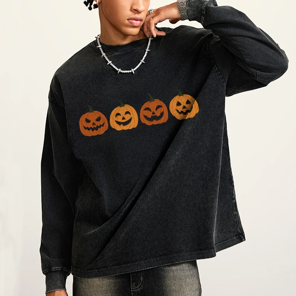 Unisex Casual Wash Printed Long Sleeve T-Shirt O-Neck Halloween Graphic Printed Top Couple Loose Holiday Style Top High Quality