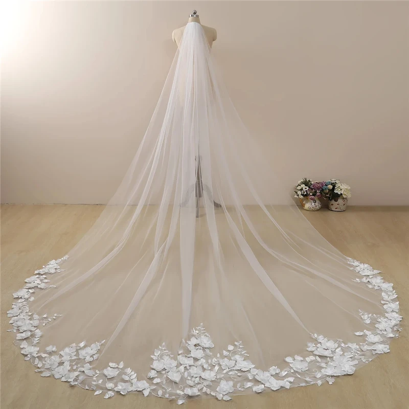 

3D Lace Leaves Flowers Floral Bridal Wedding Veils With Comb Accessories For Brides White Ivory Tulle Unique Cathedral Long New