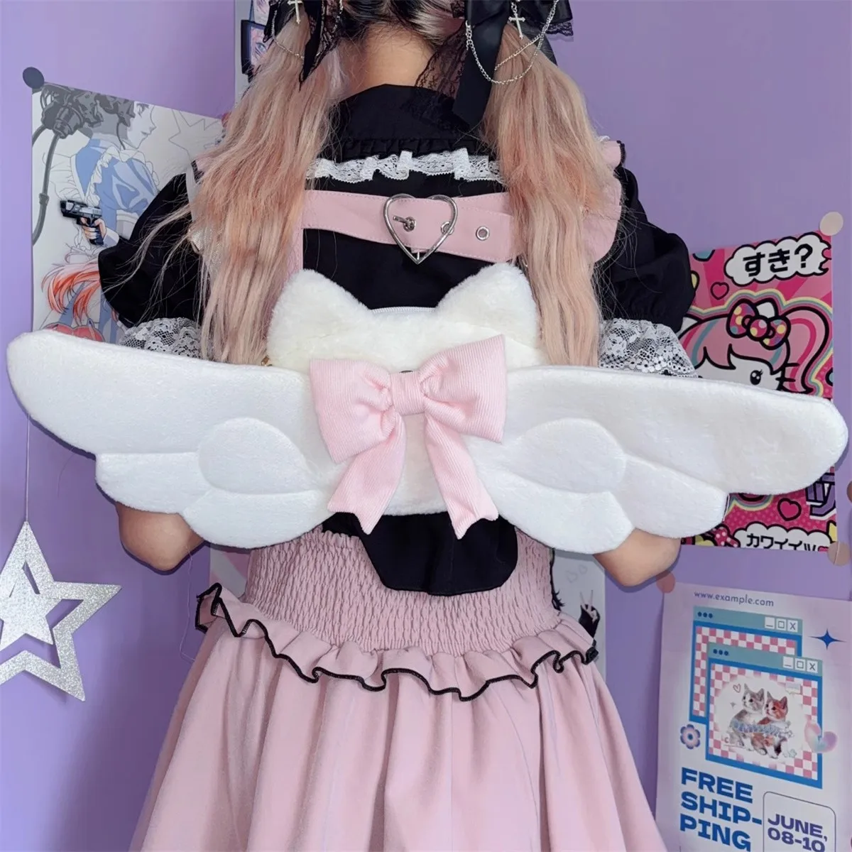 

Y2K Kawaii Plush Angel Devil Cute Backpack with Wings Bow Rabbit Ears Lolita Cosplay School Bag for Girls Gift